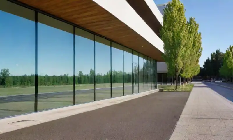Edificio de oficinas moderno con fachada de vidrio, certificado de eficiencia energética en la entrada y un entorno natural armonioso