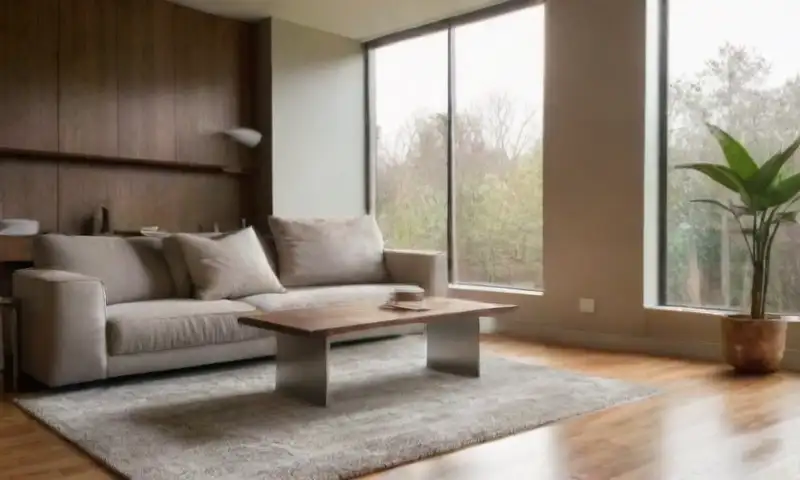 Una casa moderna y luminosa con ventanas amplias, electrodomésticos eficientes, muebles de madera, plantas verdes y una decoración acogedora
