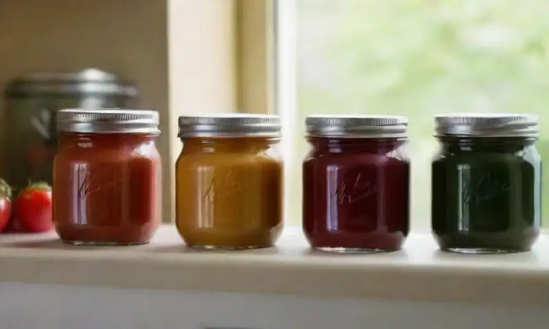Un alegre y organizado mostrador de cocina bañado en luz natural muestra jarras de alimentos en conserva que reflejan colores vibrantes, junto a un moderno horno esterilizador