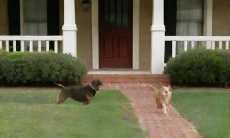 Una calle suburbana soleada con casas de ladrillo, un perro curioso y un vecino sonriente, crea un ambiente vibrante y conectado