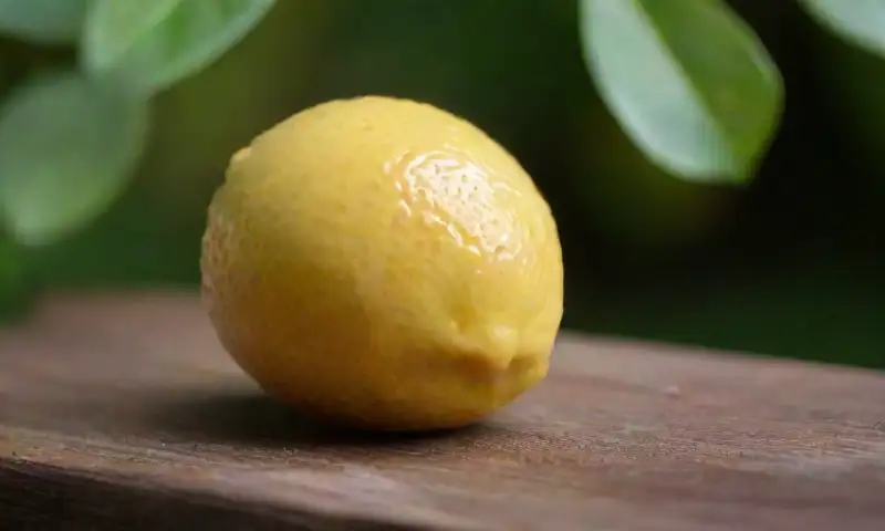 Un limón amarillo brillante con gotitas de condensación y una hoja verde descansa sobre una mesa rústica, junto a un vaso de jugo y un perro curioso con pelaje marrón y blanco, todo bañado por la luz del sol de la tarde en un jardín