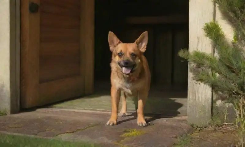 Un perro marrón pequeño orina cerca de una puerta de madera en un ambiente sereno con césped verde y flores coloridas