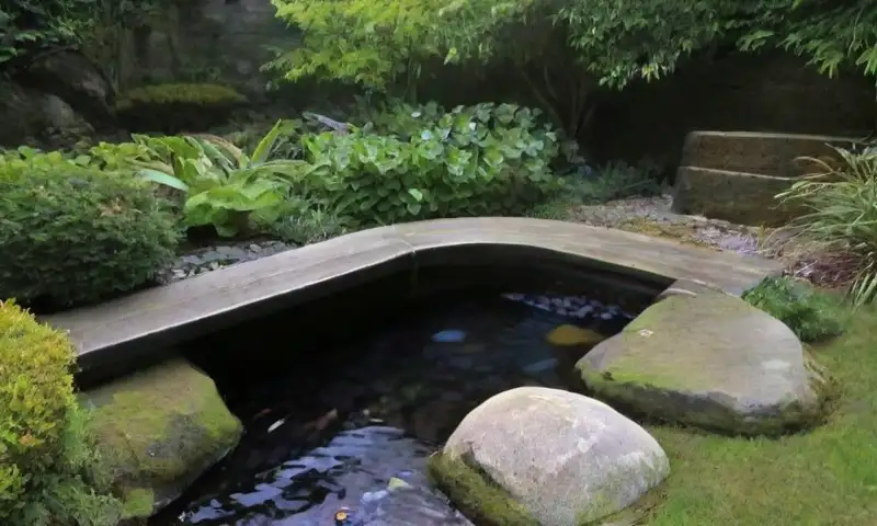 Un jardín sereno con vegetación vibrante, agua fluyendo, koi nadando y un ambiente de paz