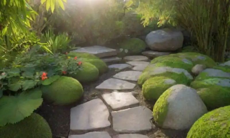 Un jardín sereno con vegetación exuberante, flores vibrantes, un sendero de piedra, un estanque de koi y detalles tranquilos que crean un ambiente armónico