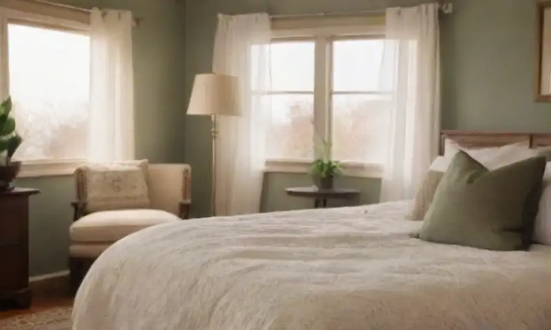 Un dormitorio cálido y acogedor con una paleta de colores neutros, cama de matrimonio, luz suave y plantas, que transmite tranquilidad
