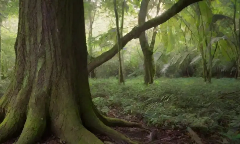 Un entorno natural sereno con follaje verde vibrante, hojas brillantes y una textura rica en el suelo