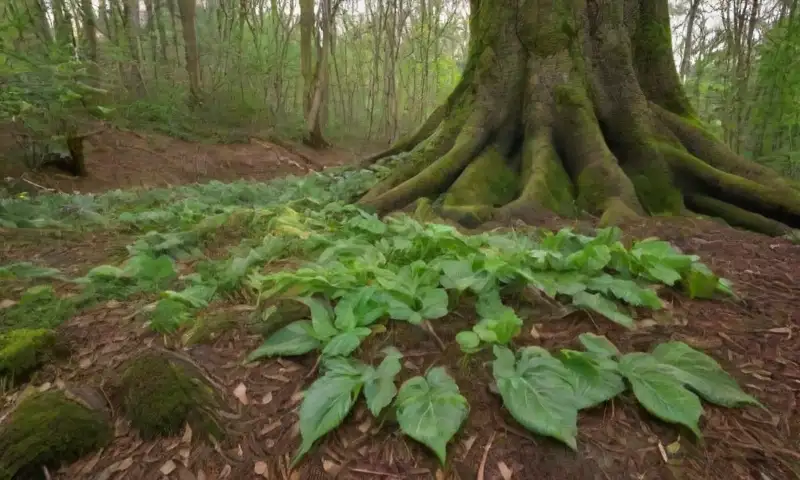 Un paisaje sereno con hojas verdes y brillantes, un tronco grueso y retorcido, raíces expuestas y vegetación densa bajo una luz suave