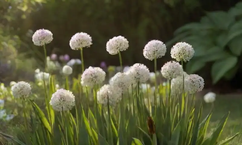 Hermosas flores de ajo ornamentales en plena floración, con pétalos blancos y violetas, se destacan entre el verde brillante bajo la luz dorada