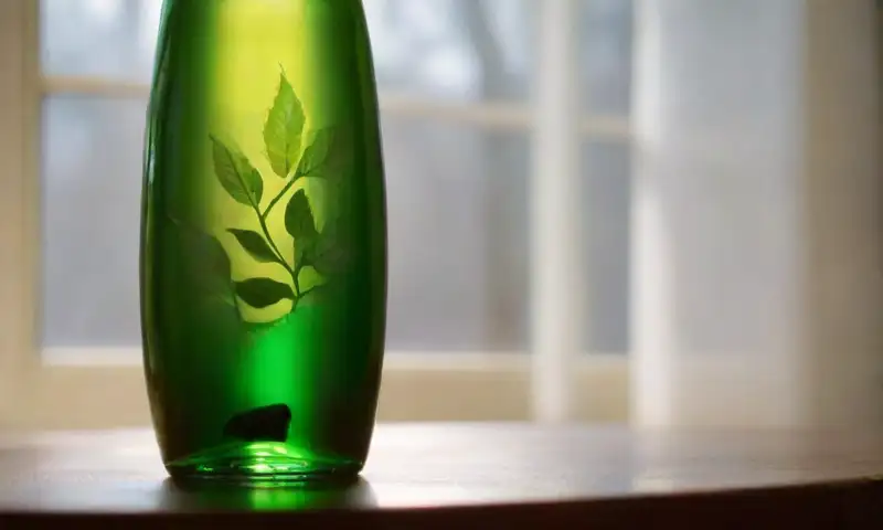 Un jarrón de cristal en una mesa de madera rústica muestra coloridas botellas de plástico y una hoja verde