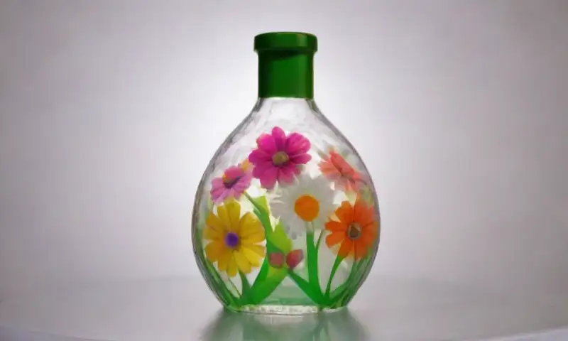 Un colorido centro de mesa hecho de botellas de plástico transparentes, con flores y follaje, que refleja luz y crea un atractivo visual