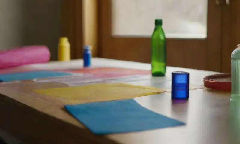 Un espacio de trabajo luminoso con una mesa de madera, herramientas de manualidades, botellas de plástico en varias formas, telas de colores vibrantes y manos creando con ellas
