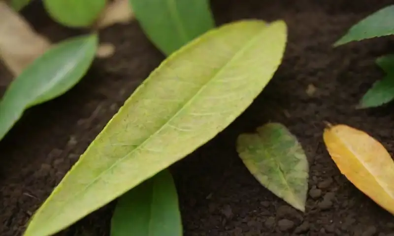 Plantas verdes con hojas amarillentas, contrastes vibrantes, texturas sutiles y suelo desigual, todo iluminado por luz dorada y aire fresco