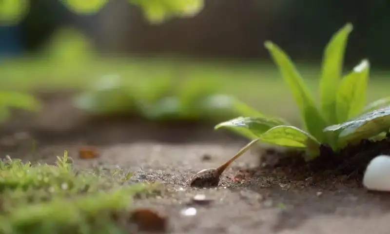 Un jardín soleado y vibrante con plantas y pequeños detalles de la naturaleza