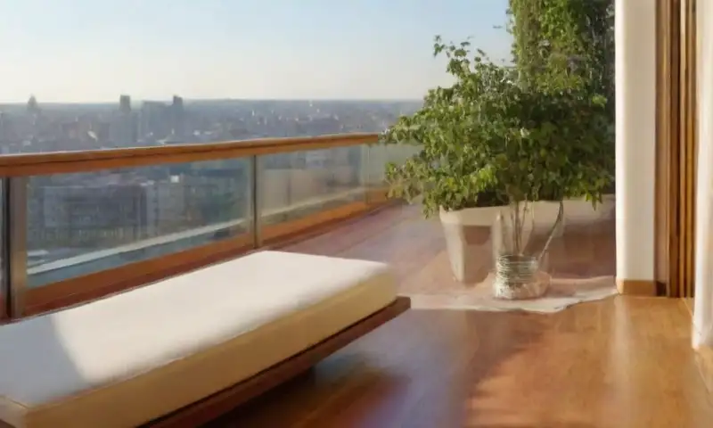 Balcón soleado con cortinas de vidrio, suelo de madera cálida, flores vibrantes, mesa para dos y luz dorada creando sombras suaves