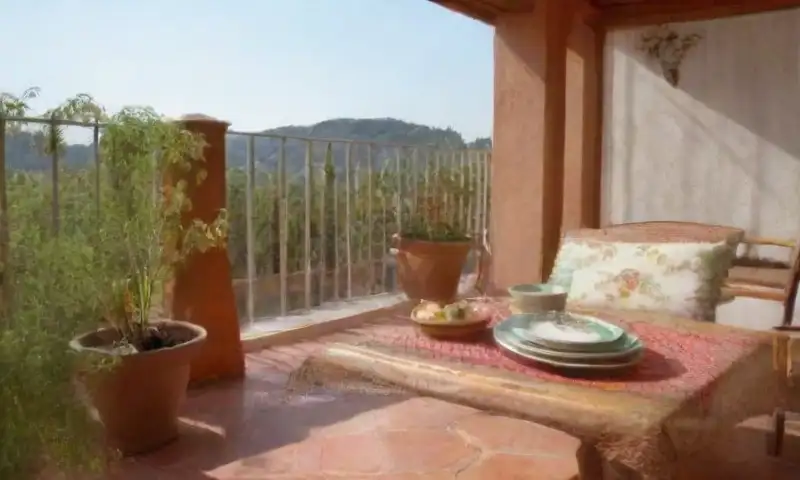Una tarde cálida y tranquila en un balcón decorado con plantas, muebles acogedores y una vista borrosa de la ciudad