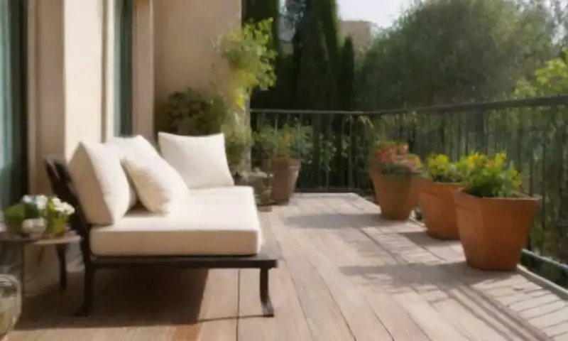 Una terraza soleada con plantas y flores vibrantes, muebles rústicos y una atmósfera serena y elegante
