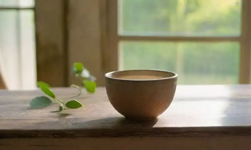 Vista cercana de una mesa de madera rústica con ajo machacado, un cuenco de agua, hojas de rosa, un cuaderno de jardinería y una taza pintada, todo en un ambiente cálido y sencillo