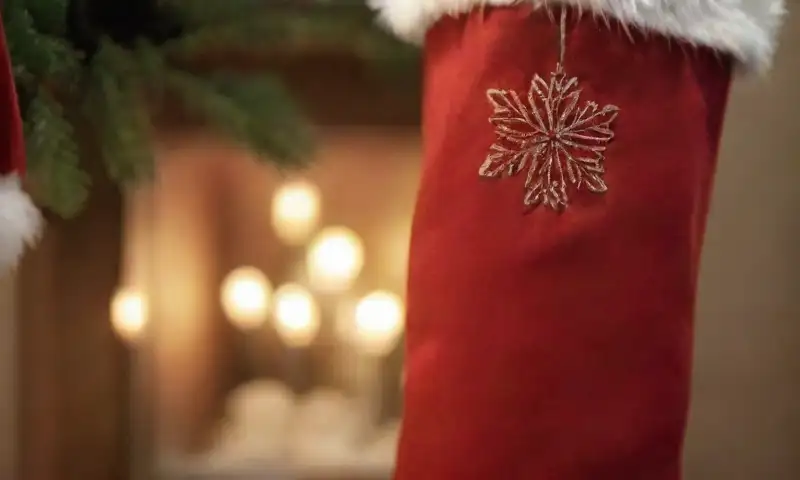 Un primer plano de una media navideña roja con adornos blancos y detalles en verde, que refleja un ambiente cálido y festivo