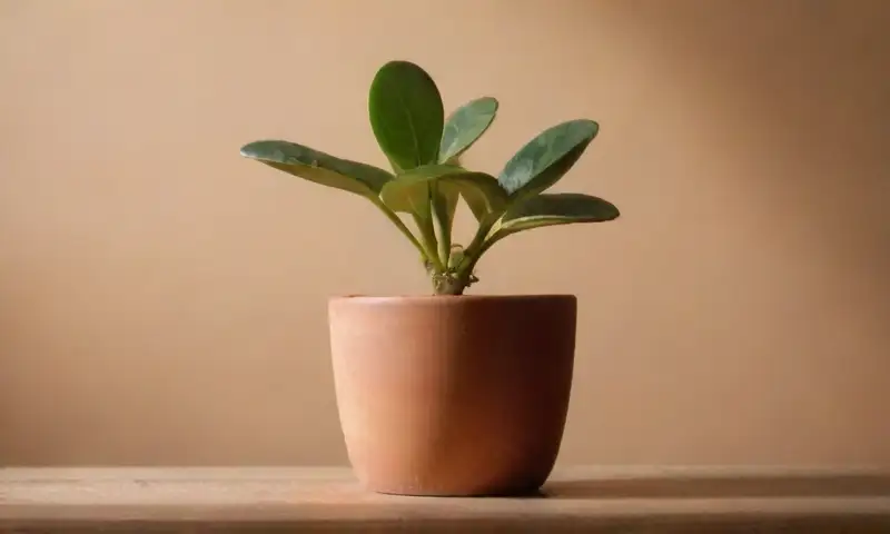 Una planta de jade con hojas verdes brillantes y bordes rojizos descansa sobre una mesa de madera rústica