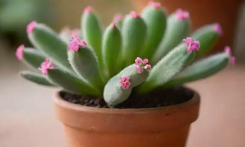 Una planta de Kalanchoe farinacea despliega hojas verdes con bordes serrados y brilla con flores rosas bajo suaves luces del sol