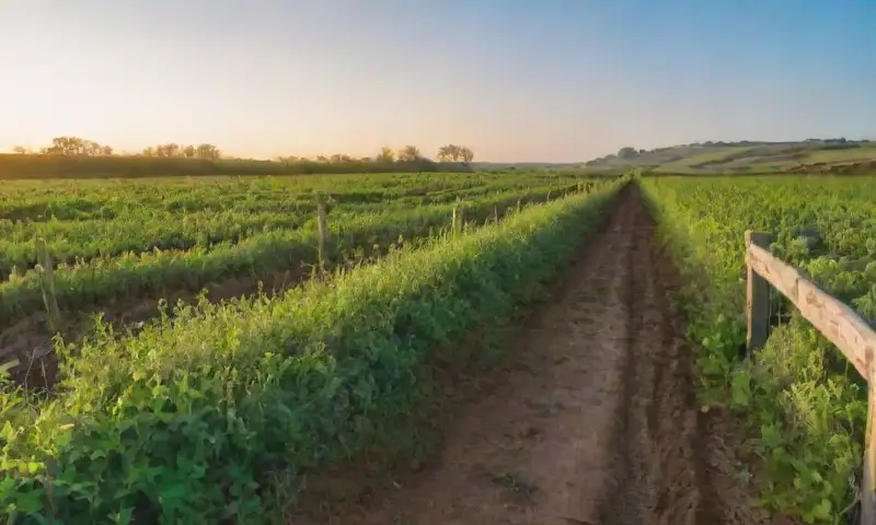 Un paisaje rural de campos verdes con plantas de lentejas brillantes, manos cosechando en un entorno iluminado por la luz dorada del atardecer
