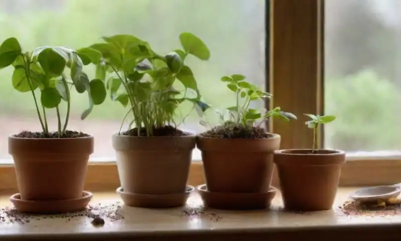 Un cálido rincón de cocina resplandece con luz solar, plantas brotando y herramientas de jardinería, creando un ambiente acogedor y natural