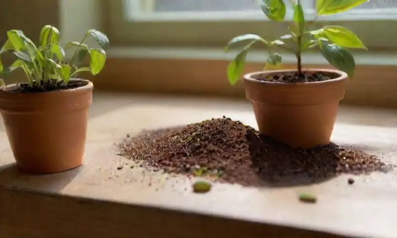 Una mesa de cultivo de madera iluminada por la luz del sol