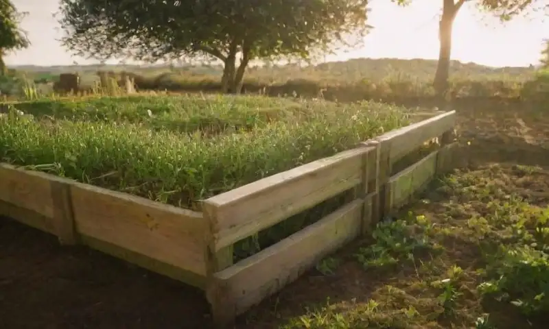 Un jardín soleado lleno de plantas de lentejas vibrantes y suaves sombras entre crates de madera envejecida