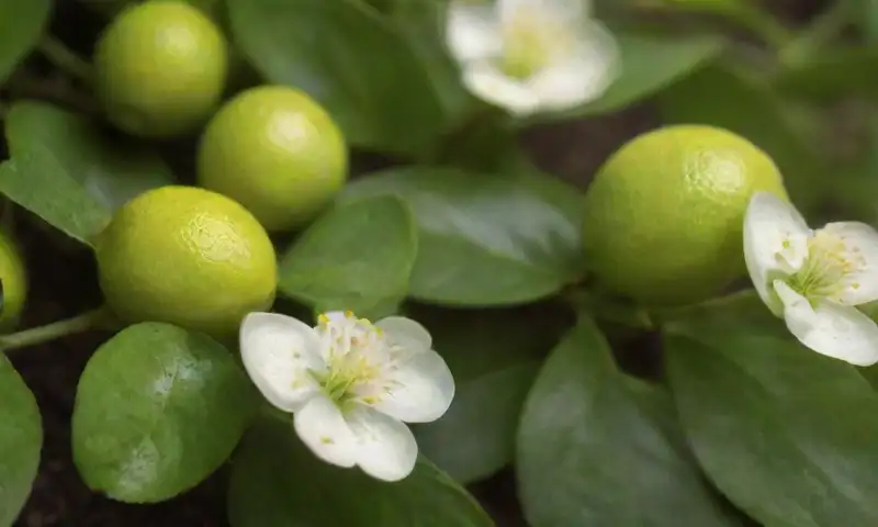 Hojas verdes brillantes de un limonero con flores blancas y un suave juego de luces y sombras crean una atmósfera dinámica y natural