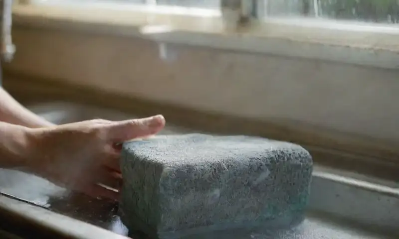 Un fregadero de cocina desordenado es limpiado con manos que frotan la superficie de aluminio, creando un contraste entre la espuma blanca y la suciedad gris