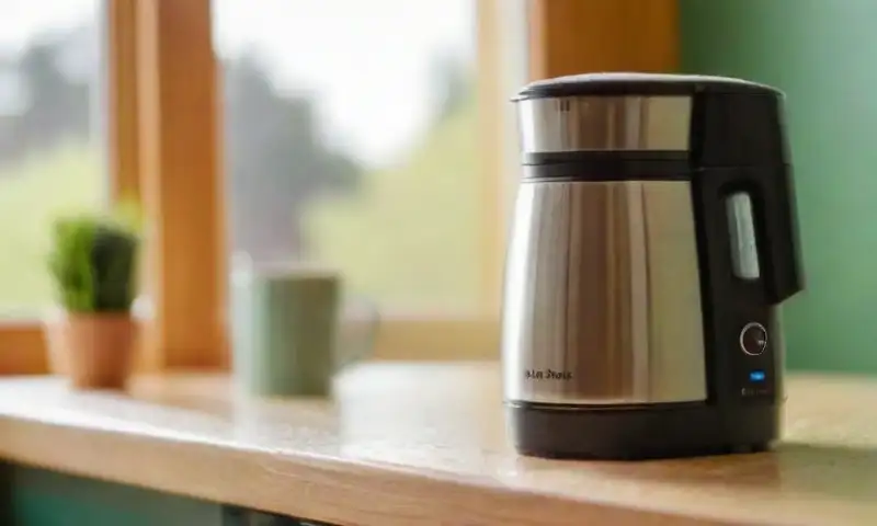 Una cafetera de acero inoxidable brilla a la luz del sol en una encimera de cocina mientras una mano sostiene una esponja para limpiarla