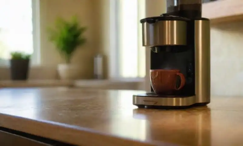 Una cocina iluminada y brillante, con una cafetera de acero inoxidable y una taza cerámica, rodeada de detalles como café molido y una planta verde difusa