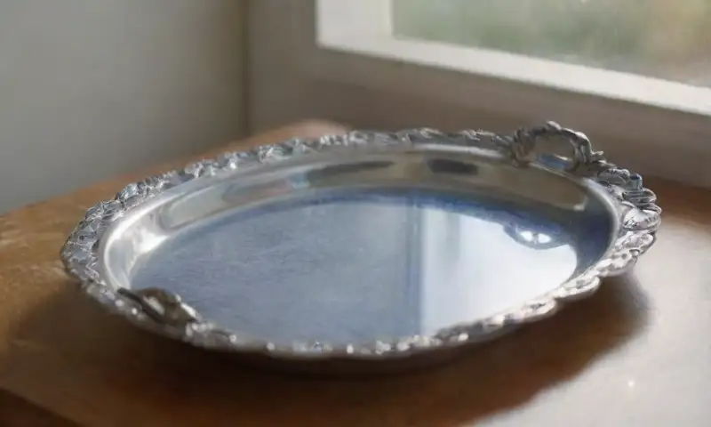 Una bandeja de plata pulida con grabados florales y reflejos de luz contiene un tubo de pasta de dientes, una cuchara y un paño húmedo sobre una mesa de madera, creando una composición armoniosa para una escena de limpieza