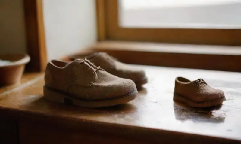 Primer plano de unos zapatos de ante marrón con detalles de suciedad y costuras que resaltan su artesanía, junto a una mesa de madera y elementos que invitan a cuidar el calzado