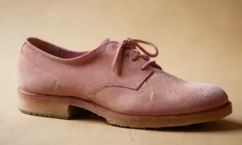 Un primer plano de un zapato de ante desgastado con chicle rosa y una brocha, que evoca cuidados cotidianos