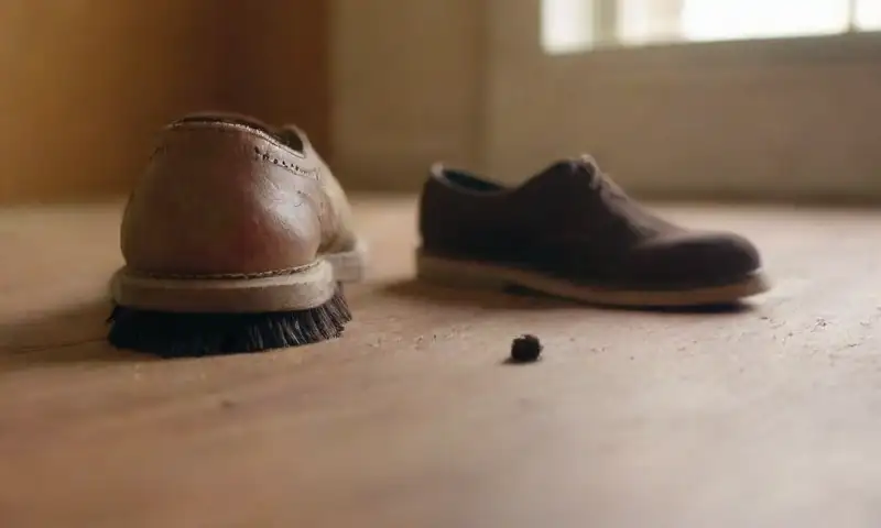 Un cepillo de gamuza suave descansa sobre una superficie de madera junto a un par de zapatos de gamuza desgastados, iluminados por la luz natural