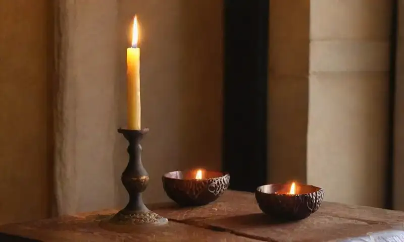Un ambiente sereno y sagrado, iluminado por suaves luces de velas y adornos significativos, que invita a la reflexión y la conexión espiritual