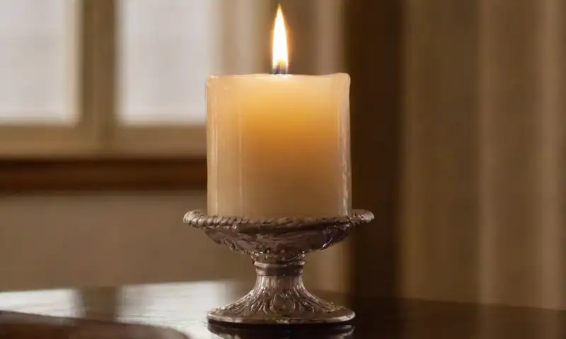 Una vela brillando suavemente crea una atmósfera serena con su luz cálida y sombras danzantes