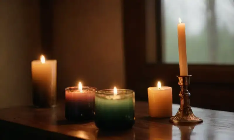 Una atmósfera serena se crea con velas elegantes que emiten una suave luz cálida