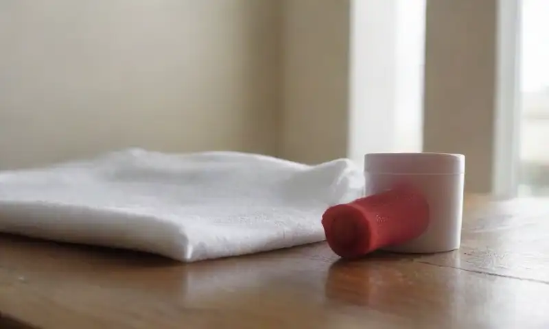 Una camisa blanca de algodón con una marca de lápiz labial rojo y herramientas de limpieza se encuentran sobre una mesa de madera iluminada por el sol