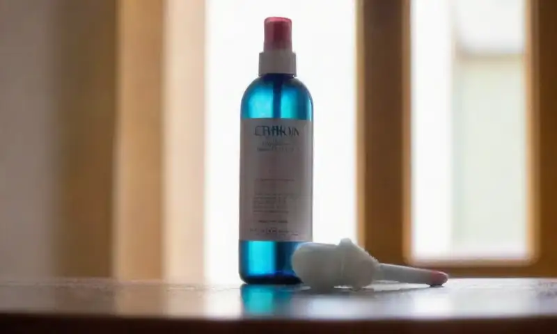 Una mesa de madera desgastada, iluminada por la mañana, tiene manchas de labial en telas, productos de limpieza y un ambiente de tarea doméstica
