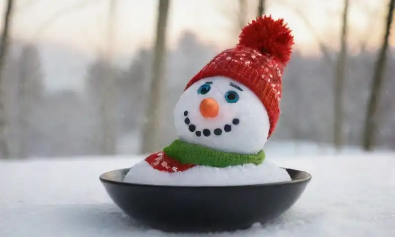 Un alegre muñeco de nieve, con una bufanda roja y decoraciones recicladas, se destaca en un paisaje invernal iluminado por el sol