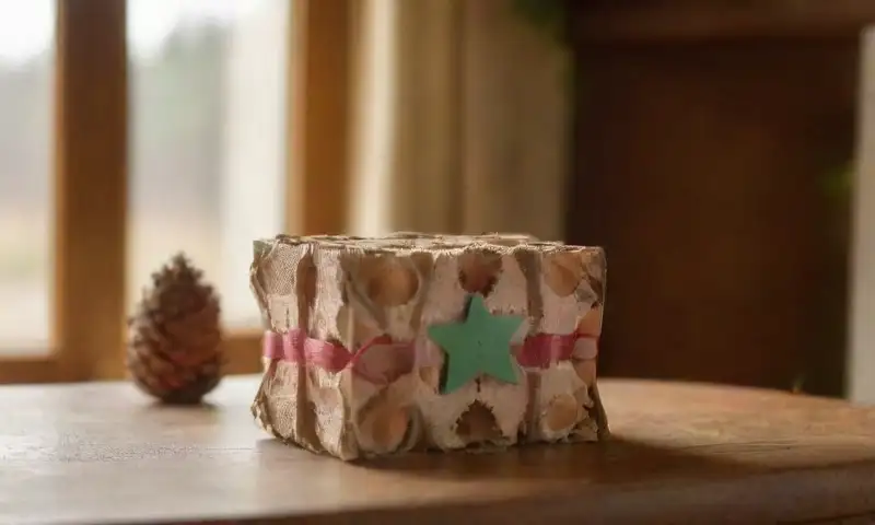 Estrellas de cartón de huevo decoradas con brillos y cintas, sobre una mesa de madera, crean un ambiente festivo y acogedor