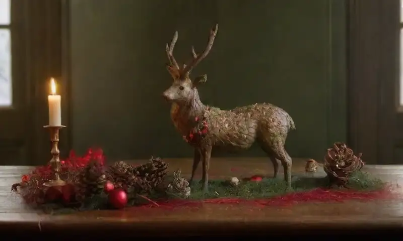 Mesa de madera rústica decorada con piñas, musgo, luces y un reno de ramitas, todo en tonos cálidos y festivos