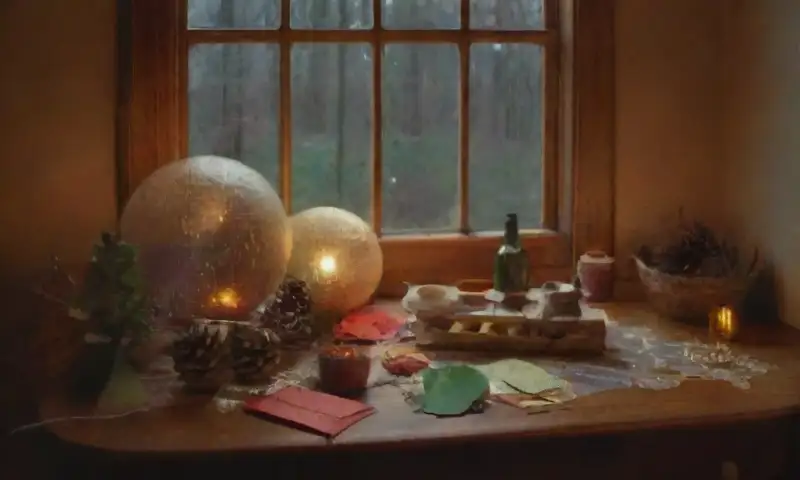 Una mesa creativa y acogedora está llena de materiales reciclados y coloridos, con ornamentos ecológicos terminados y detalles artesanales bajo la luz natural
