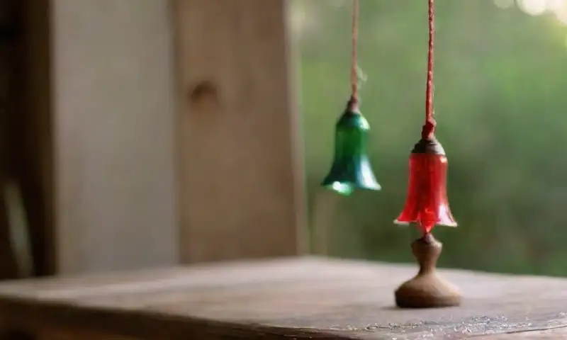 Campanas de plástico coloridas brillan con luces suaves sobre una mesa de madera rústica