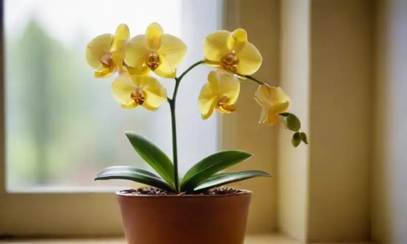 Una orquídea se asoma con su tallo verde brillante, hojas amarillentas y gotitas de humedad bajo luz suave, todo en un ambiente acogedor