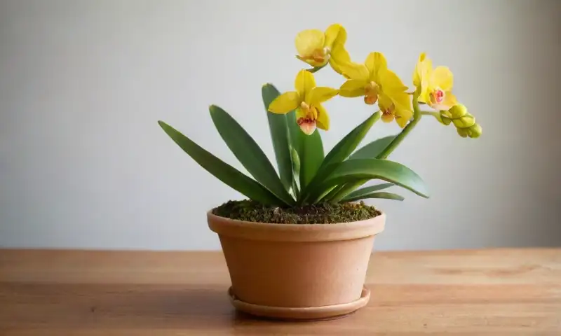 Planta de orquídea verde vibrante con hojas curvadas y bordes amarillos, en un ambiente cálido y acogedor