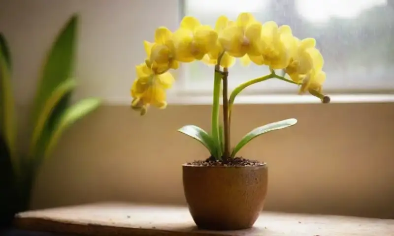 Una orquídea verde exuberante con hojas brillantes y amarillas en los bordes, iluminada por luz suave y rodeada de un ambiente sereno