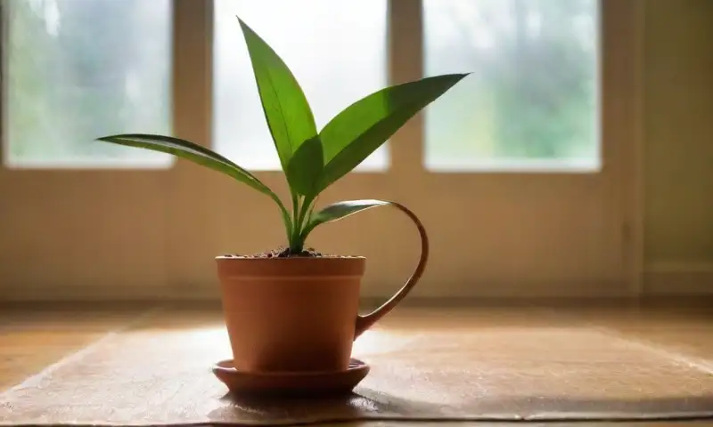 Un ambiente interior iluminado por el sol destaca una Dracaena fragrans en una maceta de terracota sobre un tapete de yute, rodeada de herramientas y con un aire de renovación